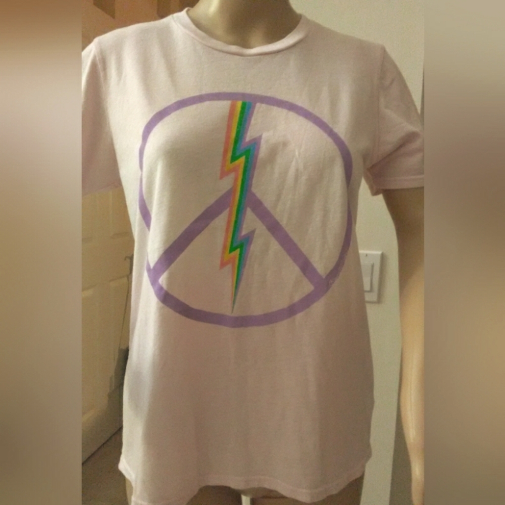 BNWT LAUREN MOSHI PINK/WHITE T-SHIRT W/ PEACE SIGN / LIGHTENING BOLT SZ. S  AQUA